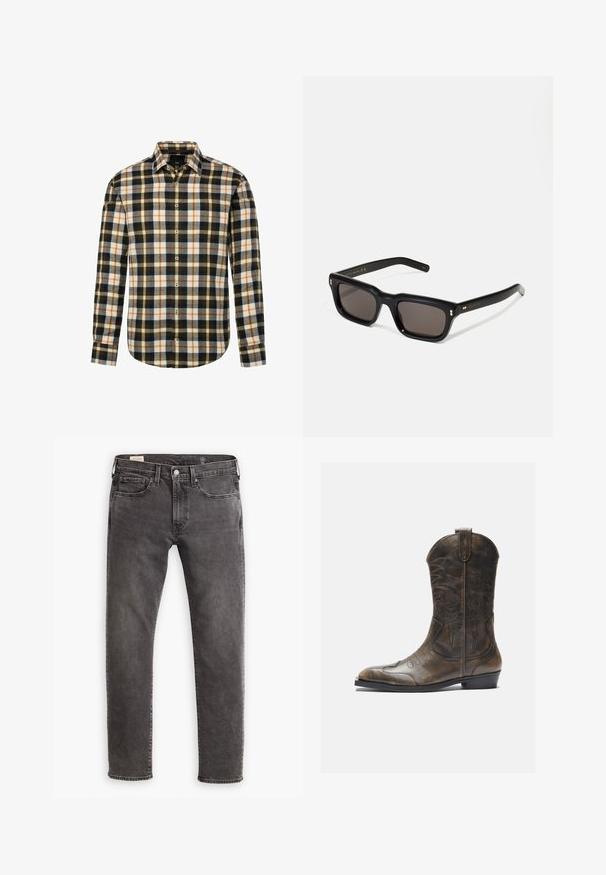 Langarm overhemd met een meerkleurig ruitpatroon in zwart, wit, oranje en grijs, met een klassieke kraag en een afgeronde zoom.; Langsleeve witte t-shirt gemaakt van zachte katoen. Ronde halslijn met rechte zoom en geen zichtbare patronen of graphics.; Grijze denim jeans met een rechte snit, een vijf-pocket ontwerp en een knoopsluiting. Voorzien van subtiele vervaging en tonale stiksels overal.; Bruine leren cowboylaars met een hoge schacht, spitse neus, ingewikkelde stikpatronen en een kleine hak. Gevarieerde afwerking overal.; Zwarte rechthoekige zonnebril met donkere lenzen, een dik plastic montuur, gouden accenten op de veren en het merkembleem gegraveerd op de arm.