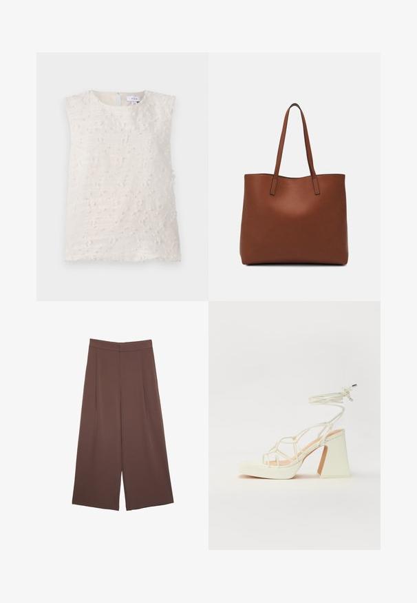 Top senza maniche di un leggero beige, con una superficie testurizzata che presenta motivi irregolari in rilievo e un'apertura a chiave sul retro. Senza hardware visibile.; Pantaloni ampi marroni con una texture liscia, caratterizzati da una vita alta e pieghe frontali. Il tessuto è leggero e scorre liberamente.; Sandalo bianco con tacco alto, caratterizzato da un design a cinturini e un legaccio alla caviglia. Texture liscia con una piattaforma frontale per un'altezza aggiuntiva.; Borsa tote in pelle marrone con texture liscia, design con apertura superiore e due spallacci. Presenta cuciture minime e nessun hardware visibile.