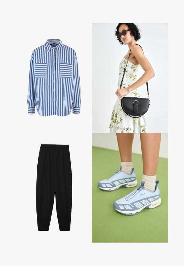 Modrá a biela pruhovaná košeľa s gombíkovým zapínaním, dlhými rukávmi a dvoma náprsnými vreckami so horizontálnymi pruhmi. Bavlnený materiál, voľný strih.; Čierne, ľahké nohavice s elastickým pásom a zúženými nohavicami. Tkanina je hladká a má voľný, zúžený strih.; Svetlo modré športové topánky s bielymi akcentmi, textúrovanými panelmi a zipsovým uzáverom. Obsahujú viditeľnú vzduchovú tlmiacu podrážku a gumovú podrážku.; Čierna kožená kabelka s zaobleným tvarom, odnímateľným popruhom a zlatými doplnkami. Kabelka má klopu s detailom s prackou.