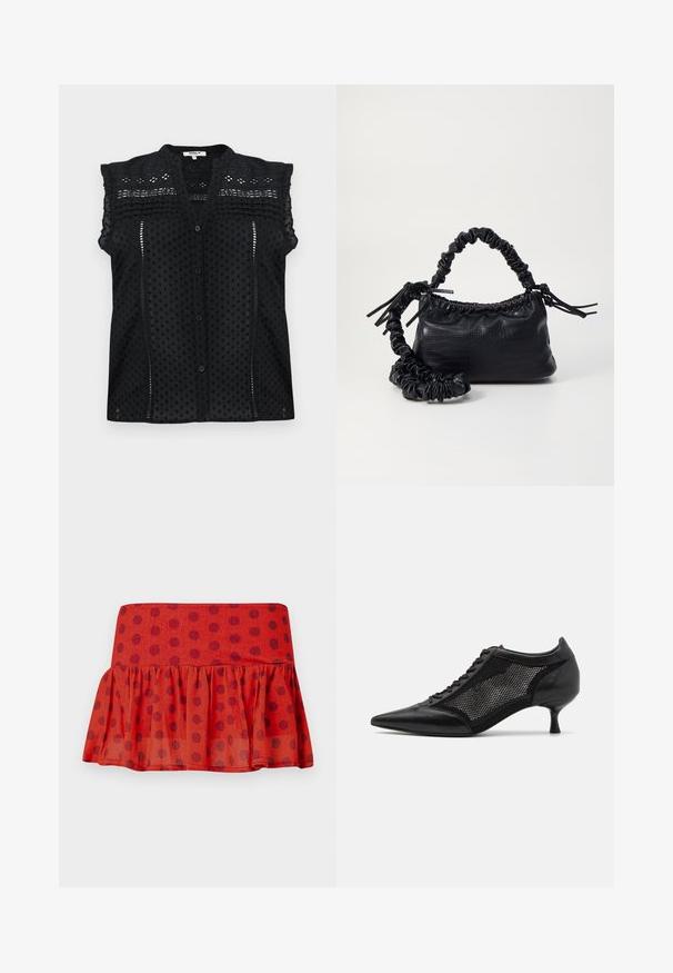Melna īsām piedurknēm blūze ar pogu aizdari, ar teksturētām pūkām, smalkiem mežģīņu akcentiem un slāņotu volānu detaļu uz pleciem.; Sarkans volāns svārks ar melniem punktiņiem, izgatavots no viegla auduma. Iespējojies ar pieguļošu jostasvārku un slāņotu dizainu.; Melnas norādītas kurpes ar sietu paneļa dizainu, kurām ir zems papēdis un šnuces priekšpuse. Izgatavotas no ādas un sieta materiāla kombinācijas.; Melnā mākslīgās ādas rokassoma ar krokodila rakstu, savilkta augšdaļa un saburzīta siksna. Izskatās mīksta un kompakta pēc dizaina.