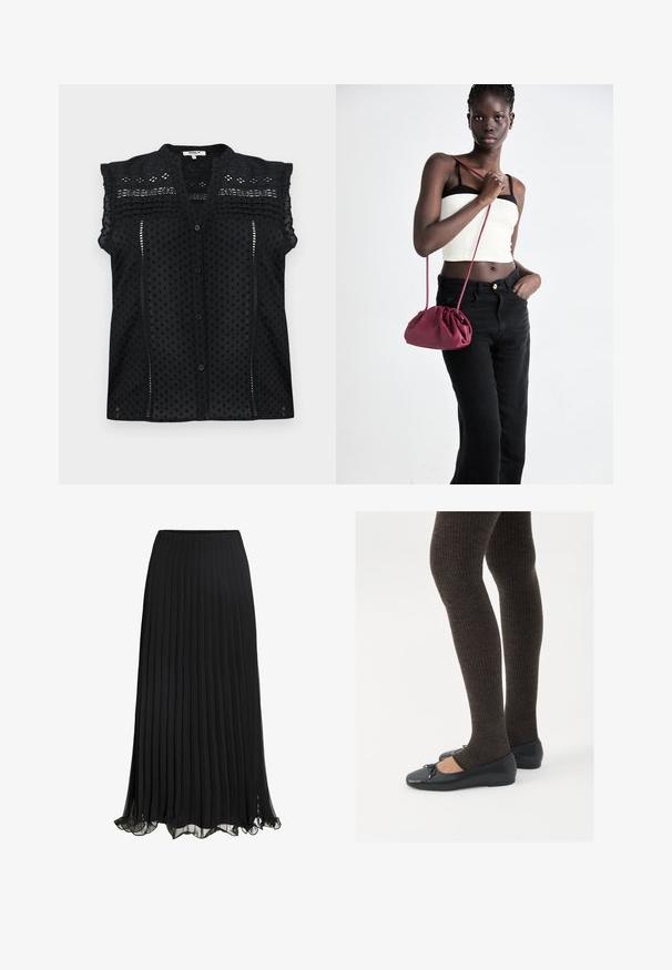 Schwarze kurzärmlige Bluse mit Knopfverschluss, die strukturierte Punkte, zarte Spitzenakzente und ein geschichtetes Rüschendetail an den Schultern aufweist.; Schwarze, plissierte Maxiröcke aus leichtem Stoff mit fließendem Design. Mit einem Rüschensaum und einem elastischen Taillenbund für mehr Komfort.; Schwarze flache Schuhe mit einem kleinen Schleifendetail an der Zehe, kombiniert mit dunkelbraunen gerippten Strumpfhosen. Die Schuhe haben eine glatte Textur und ein niedriges Profil.; Burgunderfarbene Handtasche aus weichem Stoff mit gerafftem Design und langem Trageriemen, quer über den Körper getragen. Das Modell trägt ein weißes Crop-Top und schwarze Jeans.