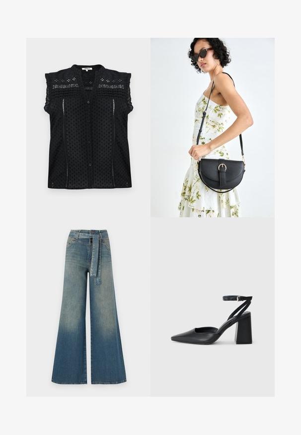 Schwarze kurzärmlige Bluse mit Knopfverschluss, die strukturierte Punkte, zarte Spitzenakzente und ein geschichtetes Rüschendetail an den Schultern aufweist.; Weit geschnittene Denim-Hosen mit einem Farbverlauf von hellblau zu dunkelblau, hoher Taille, Gürtelschlaufen und einem passenden Stoffgürtel. Strukturierte Denim-Oberfläche.; Schwarze Leder-Pumps mit spitzer Zehe, einem Knöchelriemen und einem blockigen Absatz. Flache Textur, elegantes Design und minimalistische Ästhetik.; Schwarze Lederhandtasche mit geschwungener Form, abnehmbarem Tragegurt und goldenen Beschlägen. Die Tasche verfügt über einen Deckel mit einer Schnallen-Details.