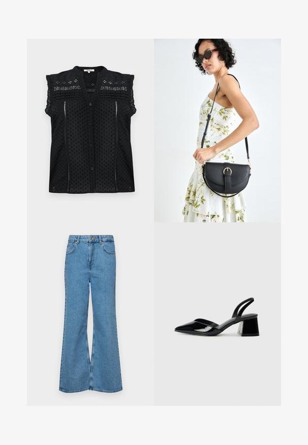 Blusa nera a maniche corte con chiusura a bottoni, caratterizzata da pois texture, delicati dettagli in pizzo e una riga di volant sovrapposti sulle spalle.; Jeans svasati di un blu chiaro, realizzati in denim, con vita alta, cinque tasche e chiusura a un bottone. Morbido al tatto con una finitura scolorita.; Décolleté in vernice nera con punta affusolata e tacco in geometria cubica. Presentano un design elegante e minimalista, con una texture liscia.; Borsa a tracolla nera in pelle con una forma curva, manico rimovibile e accessori dorati. La borsa presenta una patta con un dettaglio a fibbia.