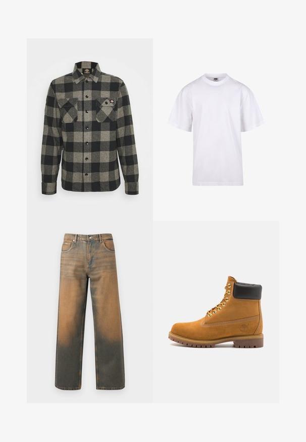 Fekete és szürke kockás flaneling hosszú ujjakkal, gombos elülső résszel, két mellzsebbel és enyhén ívelt hemével. Texturált anyag.; Fehér pamut póló kerek nyakkivágással, rövid ujjal és laza szabással. Egyszerű dizájnnal rendelkezik, minták vagy díszek nélkül.; Széles lábú farmernadrág kopott kék és barna denimből. Jellemzői a magas derék, az elülső zsebek, és egy klasszikus gombos záródás fémes díszítéssel.; Barna velúr bokacipő fekete párnázott gallérral, arany fém fűzőlyukakkal, fehér varrási részletekkel és durva gumitalppal, amelynek kifejezett barázdái vannak.