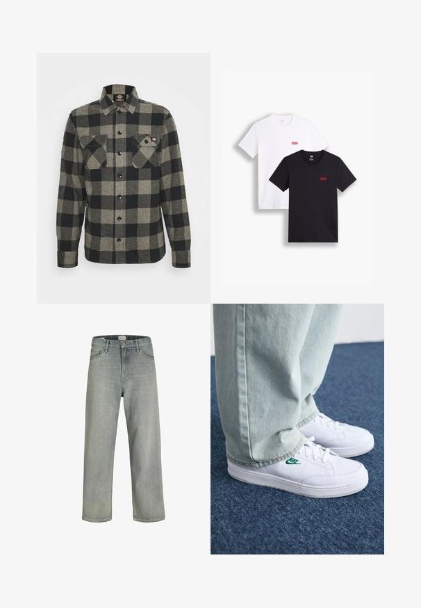 Camisa de flanela em xadrez preto e cinza com mangas longas, frente abotoada, dois bolsos no peito e uma barra ligeiramente curva. Tecido texturizado.; Duas t-shirts de mangas curtas: uma branca e uma preta. Ambas feitas de algodão com um logótipo vermelho da Levi's no peito. Design simples de gola redonda.; Jeans soltos de cor cinza claro feitos de denim. Apresentam um design clássico de cinco bolsos, passadores para cinto e uma silhueta de perna reta.; Tênis de couro brancos com logo verde da Nike, bico redondo, sola plana, combinados com calças de denim azul claro, exibidos sobre um tapete azul.