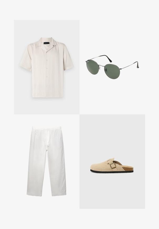 Krátky rukáv béžové tričko s jemnou vertikálnou ryhovanou textúrou, gombíkovým zapínaním a špicatým golierom. Ľahký materiál.; Biele bavlnené tričko s krátkymi rukávmi, okrúhlym výstrihom a voľným strihom. Hladká textura bez viditeľných vzorov alebo akcentov.; Biele ľanové nohavice s elastickým pásom a šnúrkou, širokým strihom a čistými švami. Hladká textúra s ležérnym strihom.; Bežové semišové clogs na klinoch so korkovou stielkou, zaoblenou špičkou a jednoduchým remienkom so zlatým sponou. Gumová podrážka pre lepšiu priľnavosť.; Sunglass s metalovým rámom s oválnymi zelenými šošovkami. Tenký strieborný kovový rám a čierne štuple za uši. Minimalistický dizajn, bez viditeľných log.