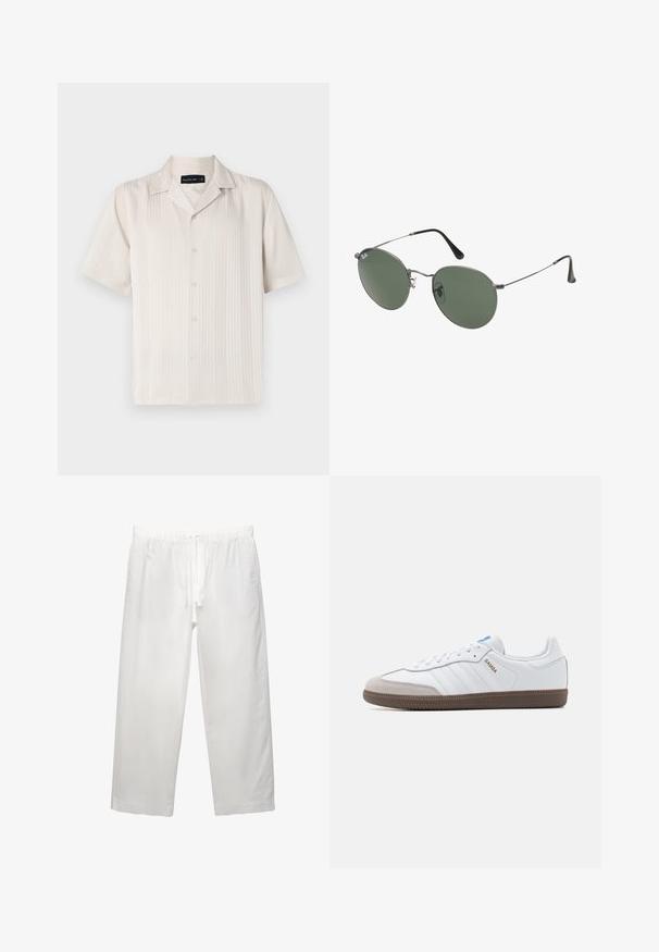 Krátky rukáv béžové tričko s jemnou vertikálnou ryhovanou textúrou, gombíkovým zapínaním a špicatým golierom. Ľahký materiál.; Biele bavlnené tričko s krátkymi rukávmi, okrúhlym výstrihom a voľným strihom. Hladká textura bez viditeľných vzorov alebo akcentov.; Biele ľanové nohavice s elastickým pásom a šnúrkou, širokým strihom a čistými švami. Hladká textúra s ležérnym strihom.; Biele kožené tenisky s šedou semišovou špičkou, tromi horizontálnymi bielymi pruhmi, modrým akcentom a hnedou gumovou podrážkou. Textúrovaný detail na podrážke.; Sunglass s metalovým rámom s oválnymi zelenými šošovkami. Tenký strieborný kovový rám a čierne štuple za uši. Minimalistický dizajn, bez viditeľných log.