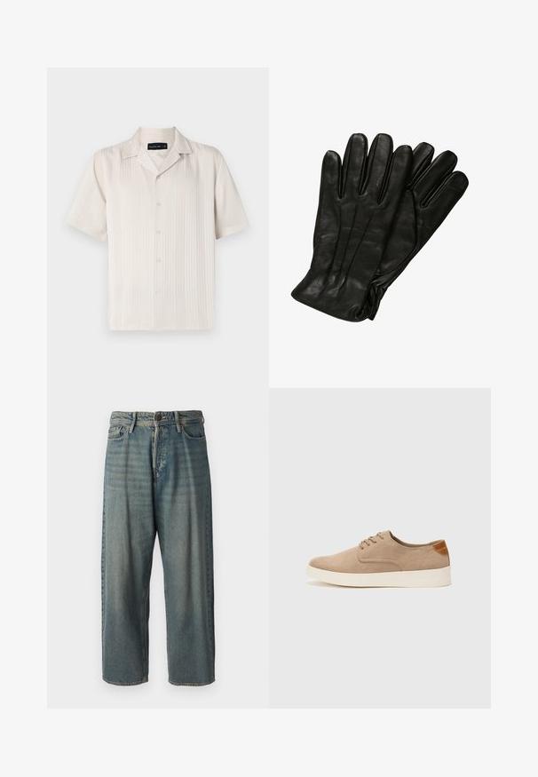 Lyhythiha beige paita, jossa on hienovarainen pystyribbinen rakenne, nappisulku ja kärjellinen kaulus. Kevyt kangas.; Vaaleansiniset farkut, joissa on väljä istuvuus, keskikorkea vyötärö ja suorat lahkeet. Ominaisuuksiin kuuluvat viisi taskua, vyölenkit ja nappisulku.; Beige nubuck-lenkkarit, joissa on pyöreä kärki, nauhakiinnitys ja teksturoitu takaosa. Valkoinen kumipohja tuo kontrastia. Yksinkertainen ja moderni muotoilu.; Mustat nahkahanskat, joissa on sileä pinta, viisi sormea ja huomaamattomat ompeluyksityiskohdat. Klassinen muotoilu, sopiva kylmään säähän.