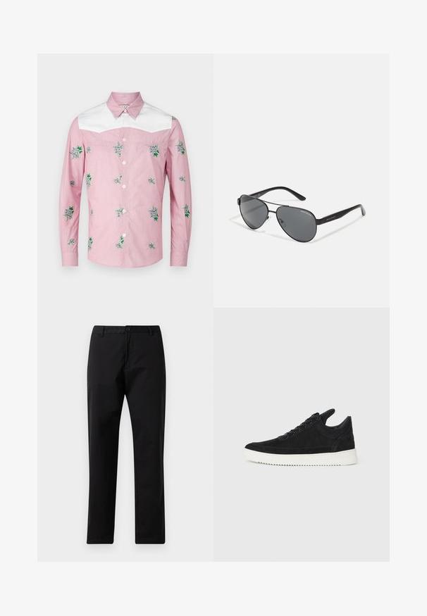 Langarmhemd in Pink und Weiß. Mit floralem Stickerei und einer weißen Passe. Hergestellt aus einem leichten Stoff mit durchgehender Knopfleiste.; Schwarze Gerade Hosen mit Knopf- und Reißverschluss, Gürtelschlaufen und vorderen Taschen, auf weißem Hintergrund präsentiert.; Schwarze Wildleder-Sneaker mit einer weißen Gummisohle, die sich durch elegante Nähte und ein schnürbares Design auszeichnen. Glatte Textur mit einer modernen, stromlinienförmigen Form.; Schwarze Flieger-Sonnenbrille mit dunklen Linsen, dünnem Metallrahmen und schlanken Kunststoffbügeln mit Logo-Details.