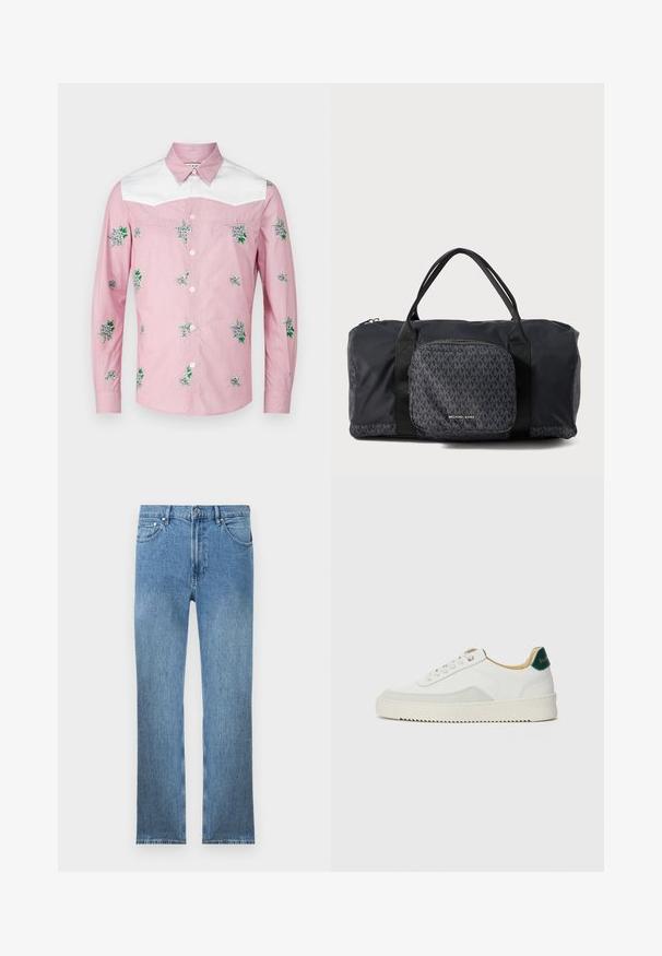 Dolga majica z dolgimi rokavi v roza in beli barvi. Opremljena je z rožnatim vezenjem in belim yokom. Narejena je iz lahkotnega materiala z zapenjanjem spredaj na gumbe.; Svjetloplave traperice s ravnim krojem, pet džepova, patentnim zatvaračem i kontrastnim šavovima. Tkanina ima glatku, teksturiranu površinu.; Bela trenerka z zaključki iz semiša, okroglo konico, ravne vezalke in kremna gumijasta podplata. Ima zeleno blagovno znamko na peti.; Črna torba za šport Michael Kors z dvema ročajema, sprednji žep na zadrgo z ponovljenim vzorcem MK logotipa in blagovno znamko Michael Kors.