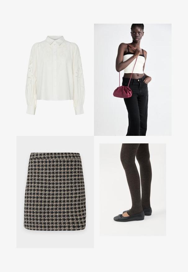 Biela košela na gombíky s vyšitými kvetinovými vzormi na prednej strane a rukávoch. Má naskladané rukávy a klasický golier.; Čierna a béžová kockovaná mini sukňa s textúrovaným tkaním a hladkým pásom, so štruktúrovaným strihom a jednoduchým dizajnom.; Čierne ploché topánky s malou mašľou na špičke, v kombinácii s tmavohnedými rebrovanými pančuchami. Topánky majú hladký povrch a nízky profil.; Burgundský mäkký kabelka z textilu s zhromaždeným dizajnom a dlhým popruhom, nosená cez telo. Model má na sebe biely crop top a čierne džínsy.