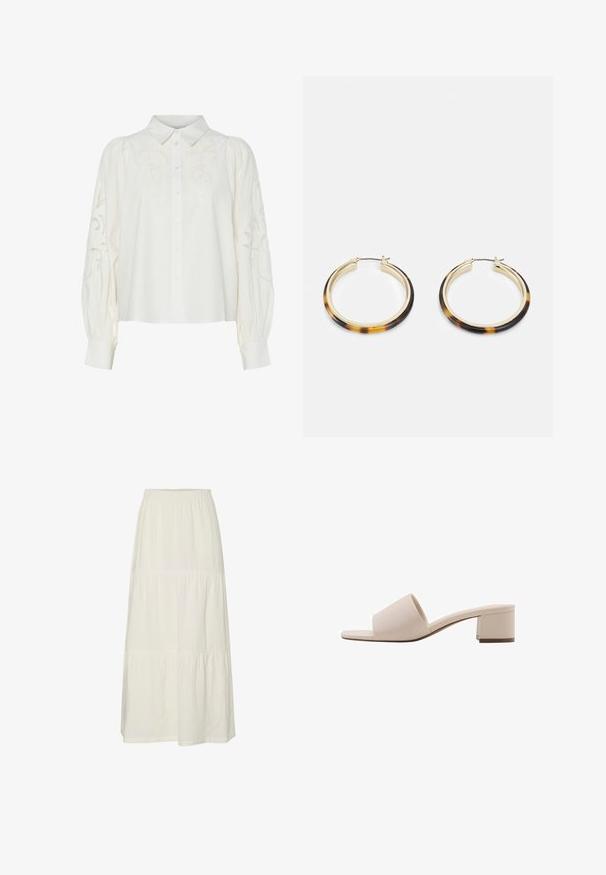 White button-up shirt with embroidered floral patterns on the front and sleeves. Features puffed sleeves and a classic collar.; White off-the-shoulder top with ruffled accents, gathered texture, and an elasticized waistband. Made from soft cotton fabric.; White, tiered maxi skirt made of lightweight, textured fabric with an elastic waistband. Features three distinct fabric sections.; Beige block-heeled sandal with a wide strap and open toe. Smooth material and sleek design. Short, sturdy heel for stability.; Gold-tone hoop earrings with a tortoiseshell-patterned resin outer edge, featuring a smooth finish and a sleek, circular shape.