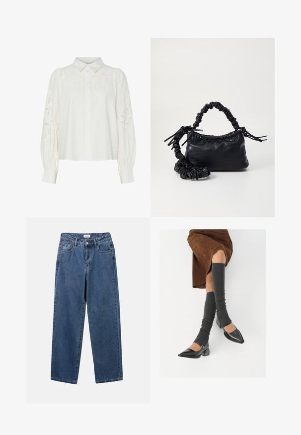 Cămașă albă cu butoni, decorată cu modele florale brodate pe față și pe mâneci. Are mâneci bufante și un guler clasic.; Jeans clasice din denim albastru, cu un design drept, cinci buzunare și închidere cu nasture. Prezentând o spălare medie și o textură rezistentă.; Pantofi negri din piele lacuită, cu vârful ascuțit, toc bloc și curea la glezna, asortați cu jambiere gri cu nervuri și o fustă din suede maro.; Geantă din faux leather neagră cu textură de crocodil, cu partea superioară strânsă și o curea mototolită. Pare moale și compactă ca design.