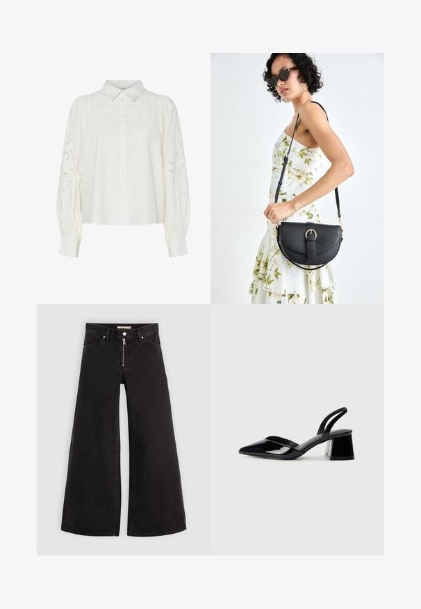 White button-up shirt with embroidered floral patterns on the front and sleeves. Features puffed sleeves and a classic collar.; Wide-leg jeans in black denim with a zippered front, five-pocket design, and subtle stitching details. Smooth texture and casual style.; Black patent leather slingback heels with a pointed toe and a geometric block heel. Features a sleek, minimal design and smooth texture.; Black leather handbag with a curved shape, detachable strap, and gold hardware. The bag features a flap with a buckle detail.