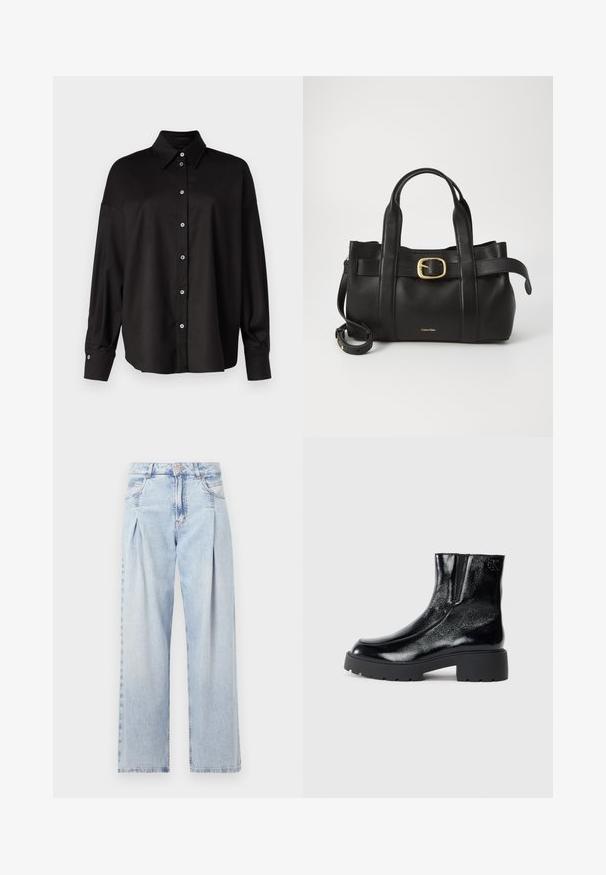 DRYKORN LYSILA - Blusa - black; Jeans de mezclilla azul claros con cintura alta, corte de pierna ancha, dos bolsillos laterales y un diseño plisado. Textura suave con un acabado deslavado.; Botines negros con acabado de charol brillante, suela de goma negra gruesa y tacón elevado; incluye un sutil detalle del logo en el lateral.; Bolso de cuero negro con un diseño estructurado, doble mango superior, detalle de hebilla en tono dorado y logo de la marca grabado en la parte frontal.