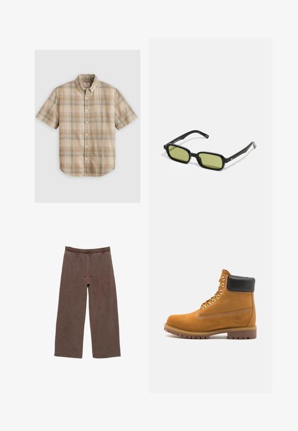 Kortærmet ternet skjorte i beige, brun og lys blå, lavet af vævet bomuld, med en krave der kan knappes og knapper foran.; Brune bomulds-sweatpants med elastisk talje, justerbar snøre, brede ben og minimal syning detaljer.; Tan nubuck ankelstøvle med sort polstret krave, gyldne metaløjer, hvid syning detaljer og robust gummisål med udtalte slidbaner.; Sorte solbriller med et vinklet design, grønne tonede linser og glatte plastikrammer. Har guld detaljer på stængerne.