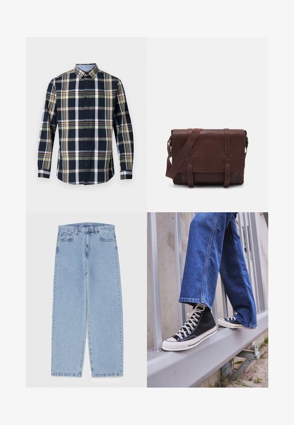 Herrenknopfhemd aus Baumwolle mit einem karierten Muster in Marineblau, Grün und Gelb. Mit Kentkragen und langen Ärmeln ausgestattet.; Hellblaue Jeans aus Denim mit geradem Bein, ausgestattet mit einer mittelhohen Taille, fünf Taschen sowie einem Knopf- und Reißverschluss.; Schwarze High-Top-Sneaker mit weißer Sohle und Schnürsenkeln, kombiniert mit lockeren blauen Jeans, die auf einem grauen Geländer ruhen.; Braune Leder-Umhängetasche mit einer flachen Vorderklappe, zwei Riemen, goldenen Hardware-Akzenten und einem verstellbaren Schultergurt.