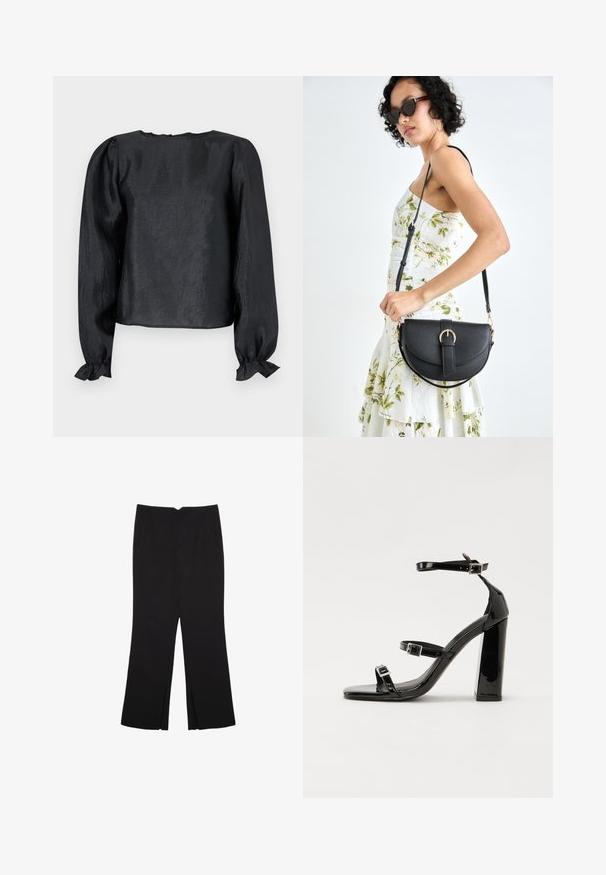 Čierna blúzka s dlhými nafúknutými rukávmi, okrúhlym výstrihom a zhrnutými manžetami. Materiál má jemný lesk a textúrovaný povrch.; Čierne nohavice so strihom rovného strihu, s prednými vreckami a bočnými rozparkami na leme. Vyrobené z mäkkej, hladkej tkaniny. Vhodné na rôzne príležitosti.; Čierne lakované sandále na podpätku so štvorcovou špičkou, navlečenými remienkami okolo členku a striebornými prackami. Disponujú masívnym blokovým podpätkom pre stabilitu.; Čierna kožená kabelka s zaobleným tvarom, odnímateľným popruhom a zlatými doplnkami. Kabelka má klopu s detailom s prackou.