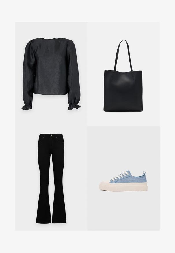 Svart bluse med lange pufferm, rund halsutskjæring og sammenkrøkte mansjetter. Stoffet har en subtil glans og teksturert finish.; Sorte høytlivsjeans med knapp og glidelås, frontlommer og utsvingte bein liggende flatt på en hvit bakgrunn.; Lys blå canvastøfler med en kremfarget gummitupp og yttersåle, med hvite snørebånd og en løfteløkke på hælen.; Svart lær tote bag med glatt tekstur, rektangulær form og to lange håndtak. Ingen synlige deler eller dekorasjoner.