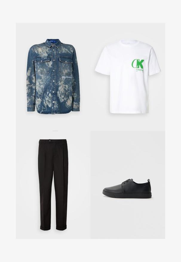 Džinsinė striukė su šviesiai mėlynu ir baltu marmuro efektu. Turinti dvi krūtinės kišenes, mygtukų uždarymą ir „KARL LAGERFELD JEANS“ logotipo detalę.; Balta medvilninė t-shirt su žaliu CK logotipu ant kairės krūtinės. Klasikinis apvalios iškirptės dizainas su trumpomis rankovėmis ir tiesiu apačios kraštu.; Juodos kelnės su lygiu paviršiumi, tiesaus kirpimo, su dviem priekinių kišenių ir vieno mygtuko uždarymu juosmenyje.; Juodos odinės sportinės bateliai su lygiu paviršium, suapvalinta nosimi, toniniais siūlais, raištelių užsegimu priekyje ir plokščiu guminiu padu. Kilpelė ant kulno.