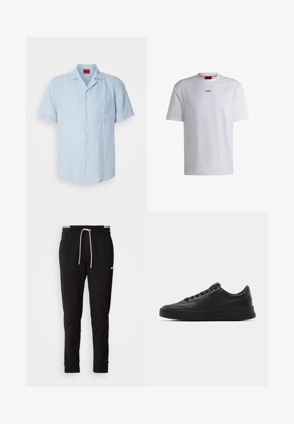 Lyseblå kortermet skjorte laget av teksturert stoff, med knappefors closing foran, en brystlomme til venstre, og klassisk krage design.; Hvit bomulls T-skjorte med korte ermer, rund halsåpning, og en svart "HUGO" logo på brystet. Glatt tekstur, avslappet passform, uten mønstre.; Sorte slim-fit joggebukser med hvit snor, ribbede mansjetter og subtil logo på den øvre låret mot en ensfarget bakgrunn.; Sorte sneakers med glatt skinnøvre, rund tå, flate lisser, polstret krage og minimalistisk design. Gummisåle med subtilt mønster.