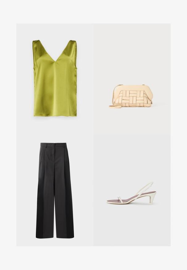 Satin green sleeveless top featuring a V-neck and smooth texture, with clean edges and a minimalist design.; Black wide-leg trousers with a high waist, featuring front pleats, a smooth texture, and a tailored finish. Designed for a relaxed fit.; White slingback sandals with a slight heel, thin straps, and a smooth leather texture; features a small decorative buckle.; Woven beige handbag with a structured design, featuring a smooth top and a long strap. Textured detailing enhances the overall appearance.