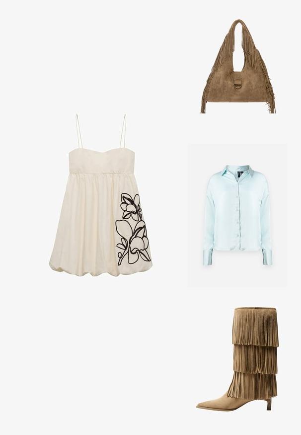 Vaaleansininen, pitkähihaisen nappikauluksen paita, jossa on pehmeä kangas ja hieman lyhyempi helma, sekä hihansuut, jotka ovat kumitettuna.; Valkoinen hihaton mekko, jossa on tiukka yläosa ja levenevä hame, vasemmalla puolella musta kukka-embroidery. Sileä kankaan rakenne.; Fringe nilkkurit vaaleassa mokassa, joissa on kolme kerroksellista fringia. Teräväkärkiset ja matalalla blokkikorkealla varustetut. Tasainen pinta kauttaaltaan.; Suedelaukku vaaleanruskeana, jossa on olkahihna, fringe-reunat, pyöreä rengasvaraosa ja koristeellinen ommel, jossa on hopeiset niitit.