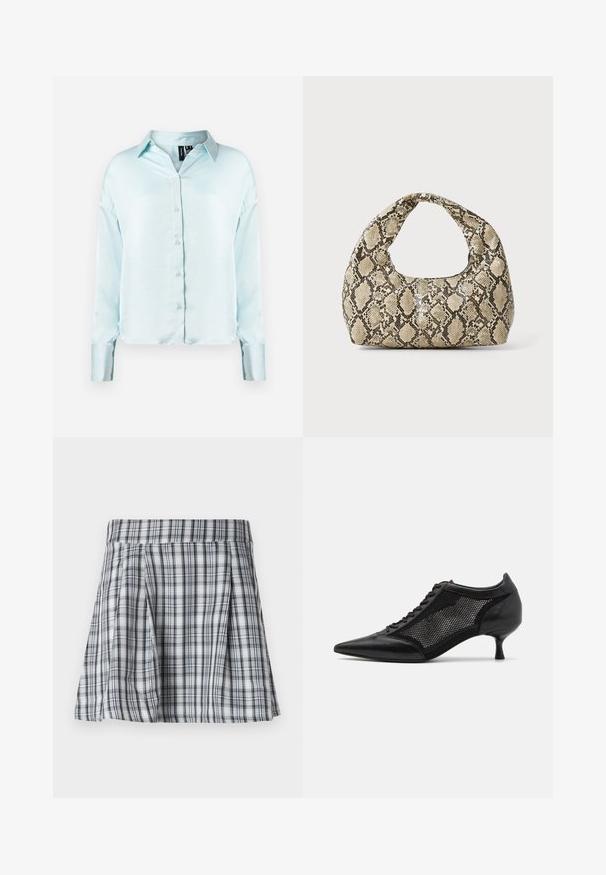 Cămașă albastru deschis, cu mânecă lungă, căptușită, cu guler clasic, dintr-un material moale și cu un tiv ușor scurtat, cu manșete împăturite.; Fustă mini în carouri, gri și alb, cu pliseuri și un brâu. Fabricată dintr-un material ușor, cu dungi verticale și orizontale.; Pantofii negri cu vârful ascuțit au un design din panouri de plasă, având un toc mic și șireturi în față. Sunt confecționați dintr-o combinație de piele și material din plasă.; Geantă cu imprimeu de șarpe, având un mâner curbat. Fabricată din materiale texturate, bej și maronii, cu un model distinctiv în formă de diamant.