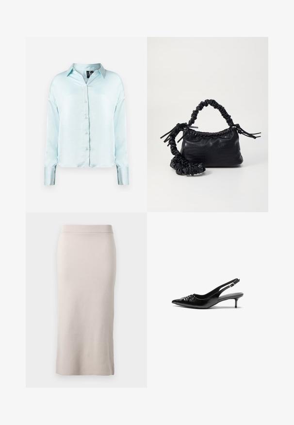 Lyseblå skjorte med lange ermer og knapper, som har en klassisk krage, mykt stoff og en lett cropped kant med oppbrettede ermer.; Strikket blyantskjørt i en lys beige farge, med ribbestrikket midjebånd, slank passform og sidesplit for bedre bevegelsesfrihet. Myk tekstur, minimalistisk design.; Sorte skinnert remsandaler med spiss tå, liten kittenhæl og en dekorativ knute detalj foran. Glatt tekstur gjennom hele.; Svart faux skinn-håndveske med krokodilletekstur, strammet topp og en rynket stropp. Ser myk og kompakt ut i designen.