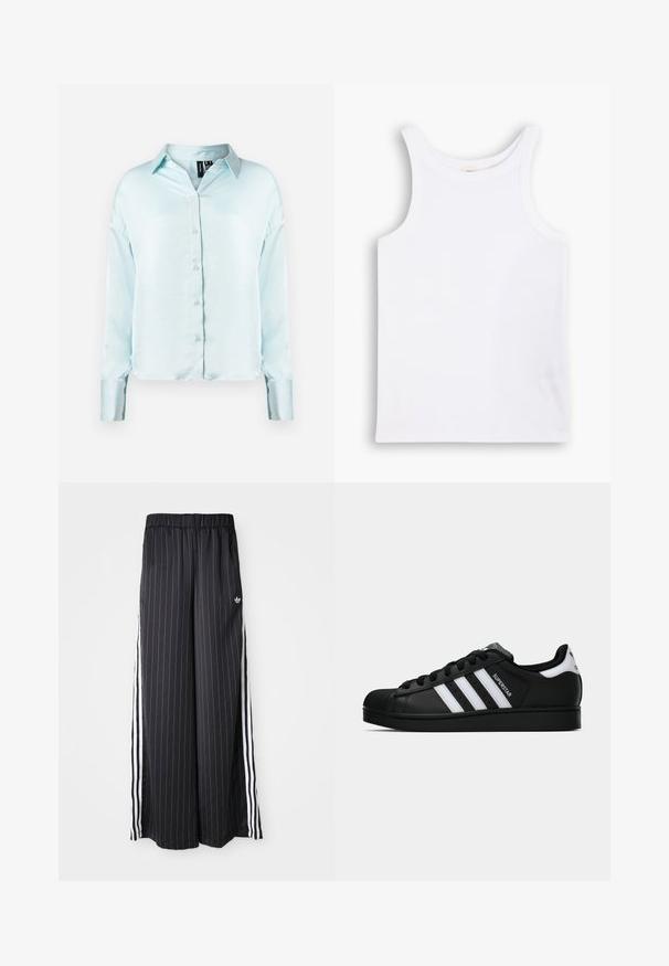 Vaaleansininen, pitkähihaisen nappikauluksen paita, jossa on pehmeä kangas ja hieman lyhyempi helma, sekä hihansuut, jotka ovat kumitettuna.; Valkoinen puuvillainen hihaton toppi leveillä olkaimilla, pyöreällä kaula-aukkolla ja sileällä, nauhamaista pintarakennetta. Ei kuvioita tai yksityiskohtia.; Mustat leveät housut, joissa on pystysuorat valkoiset raidat, joustava vyötärö ja kolme valkoista raitaa sivulla. Adidas-logo edessä.; Musta Adidas Superstar -lenkkari, jossa on valkoiset raidat, kuorisuoja ja "Superstar"-teksti sivussa, esitetty sivuprofiilissa valkoista taustaa vasten.