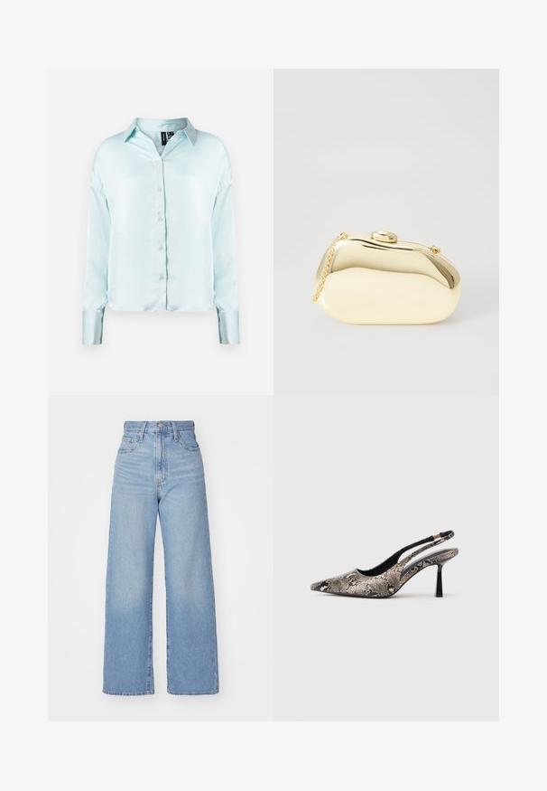 Camisa azul clara de manga longa, com colarinho clássico, tecido macio e uma esmerada ligeiramente curta, com mangas com punhos.; Jeans de cintura alta e perna larga em azul claro, com fecho frontal de botão e zíper, bolsos frontais e traseiros, sobre um fundo branco.; Sapatos slingback de bico fino feitos de material texturizado com padrão de cobra, apresentando um salto preto esguio e um design recortado nas laterais.; Clutch metálico dourado com uma forma suave e arredondada, apresentando um fecho de botão superior e uma pequena alça em corrente para transporte.