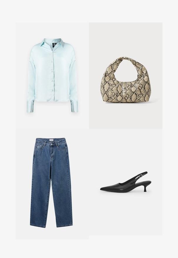 Light blue, long-sleeve button-up shirt featuring a classic collar, soft fabric, and a slightly cropped hem with cuffed sleeves.; Classic blue denim jeans with a straight-leg design, five pockets, and a button closure. Features a medium wash and sturdy texture.; Black leather slingback shoe with a pointed toe and a slim, curved heel. Features a discrete adjustable strap with a metal buckle.; Snake-print handbag with a curved handle. Made from textured, beige and brown materials, featuring a distinctive diamond pattern.