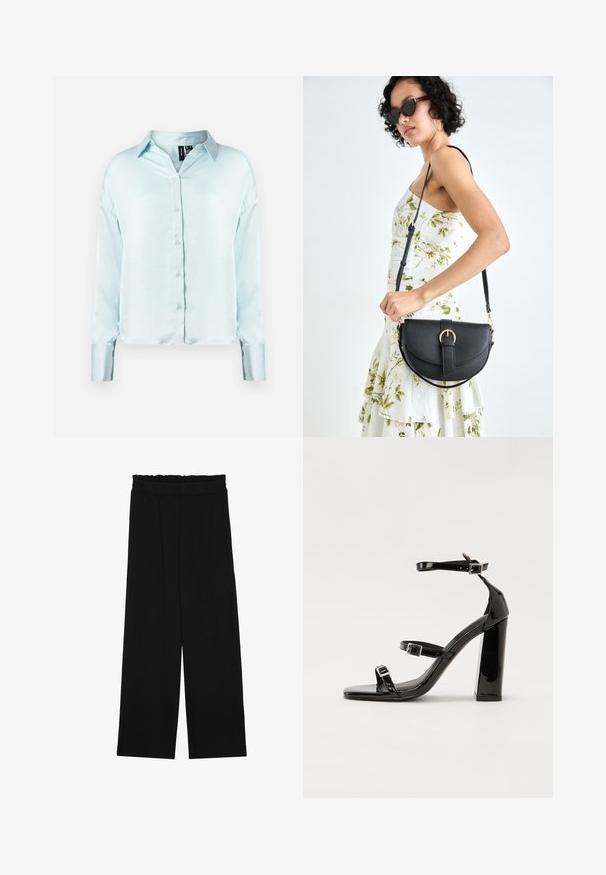 Gaiši zils, garām piedurknēm pogājams krekls ar klasisku apkakli, mīkstu audumu un nedaudz īsāku apakšmali ar aprocēm.; Melnas platās bikses ar volangām jostasvietā, ar divām sānu kabatām un gludu, vieglu audumu. Nav redzamu rakstu vai aksesuāru.; Melnas lakotas augstpapēžu čības ar kvadrāta purngalu, potīšu siksniņām un sudraba sprādzēm. Aprīkotas ar masīvu bloku papēdi stabilitātei.; Melnas ādas rokassoma ar izliekta formu, noņemamu siksnu un zelta aksesuāriem. Somai ir vāciņš ar sprādzes detaļu.