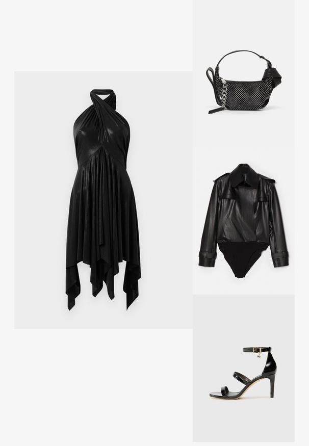 Norma Kamali DOUBLE BREASTED TRENCH BODYSUIT - Blūze - black; Melnā haltera kleita ar drapējuma dizainu. Izgatavota no spīdīga materiāla, ar vērptu kakla izgriezumu un asimetrisku apakšmalu. Gluda tekstūra.; Melnas lakota ādas sandalēs ar trim siksnām, potītes sprādzi un 4 collu stiletto papēdi. Iespējas ar zelta detaļām un logotipa piekariņu.; Melnā rokassoma ar teksturētu dizainu, rotāta ar sudraba kniedēm un masīvu sudraba ķēdes siksnu. Raksturīga eleganta, minimālistiska forma.