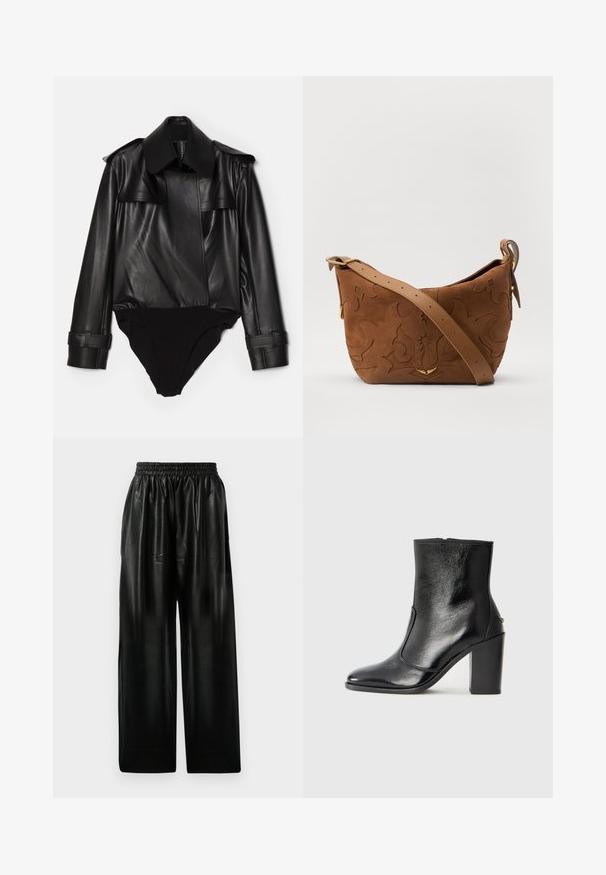 Norma Kamali - Bluzka; Czarne skórzane spodnie o szerokich nogawkach z elastycznym paskiem, wyposażone w dwie boczne kieszenie oraz gładką, błyszczącą fakturę.; Czarne skórzane botki za kostkę o gładkiej fakturze, spiczastym nosku i grubym wysokim obcasie. Posiadają boczne wycięcie i minimalistyczny design.; Brązowa zamszowa torba na ramię z wytłoczonym kwiatowym wzorem, uzupełniona gładkim, brązowym skórzanym paskiem i akcentami w kolorze złota.