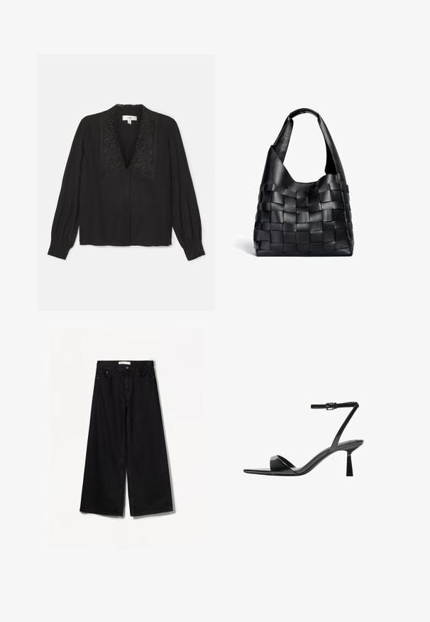 Blusa nera a maniche lunghe, con colletto ricamato decorativo, chiusura frontale con bottoni e dettaglio arricciato sul petto. Tessuto liscio.; Bershka WIDE-LEG - Wide Leg - black; Bershka Sandali con tacco - black; Borsa a spalla in pelle nera intrecciata con una forma morbida e ampio manico. Caratterizzata da un design testurizzato e intrecciato con una finitura liscia.