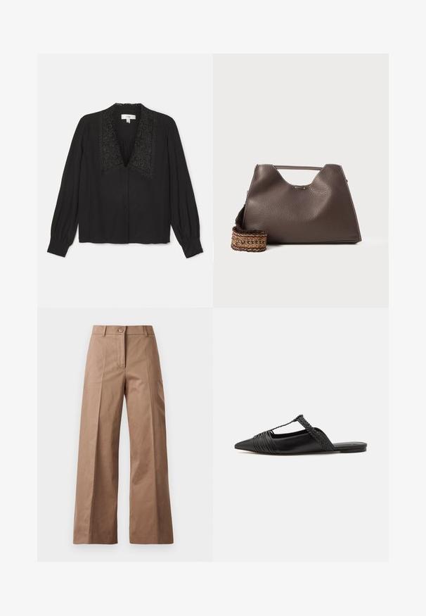 Black blouse with long sleeves, featuring a decorative embroidered collar, button front, and gathered detail at the chest. Smooth texture.; Brown wide-leg trousers made from a smooth fabric, featuring a front button closure, two front pockets, and clean, tailored lines.; Black leather slingback shoe with a pointed toe, featuring a woven accent and pleated upper design. Flat sole with minimal hardware.; Brown leather handbag with a textured finish, angular design, and a distinctive top handle. Features a patterned woven strap detail.