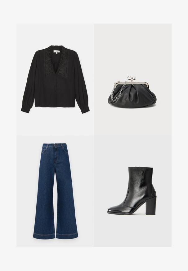 Sort bluse med lange ærmer, der har en dekorativ broderet krave, knaplukning foran og rynkedetaljer ved brystet. Glat struktur.; Bredde ben blå denim jeans med høj talje, der har knaplukning, bæltestropper og diskrete syninger langs lommerne og kanterne.; Sorte læder ankelstøvler med en glat overflade, spids tå og en chunky høj hæl. Har en sidelukning og minimalistisk design.; Sort læder clutch med samlet tekstur, sølvfarvet metalramme, kys-lås lukning og kædestrop. Glat, blød overflade.