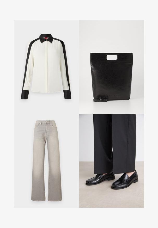 Weißes Blusenshirt mit schwarzen Satinakzenten entlang der Schultern und Manschetten, ausgestattet mit einem klassischen Kragen und langen Ärmeln aus einem glatten Stoff.; Graue weit geschnittene Jeans mit einem verblassten Finish, Knopfverschluss, fünf Taschen und gestickten Details entlang der Nähte.; Schwarze Lederloafers mit glatter Oberfläche, genähten Details um die Zehen und einer niedrigen Gummisohle. Kombiniert mit weiten schwarzen Hosen.; Schwarze Leder-Tote-Tasche mit einem quadratischen Griff, ausgestattet mit einer strukturierten Oberfläche und geprägtem Logo. Inklusive abnehmbarem Tragegurt.