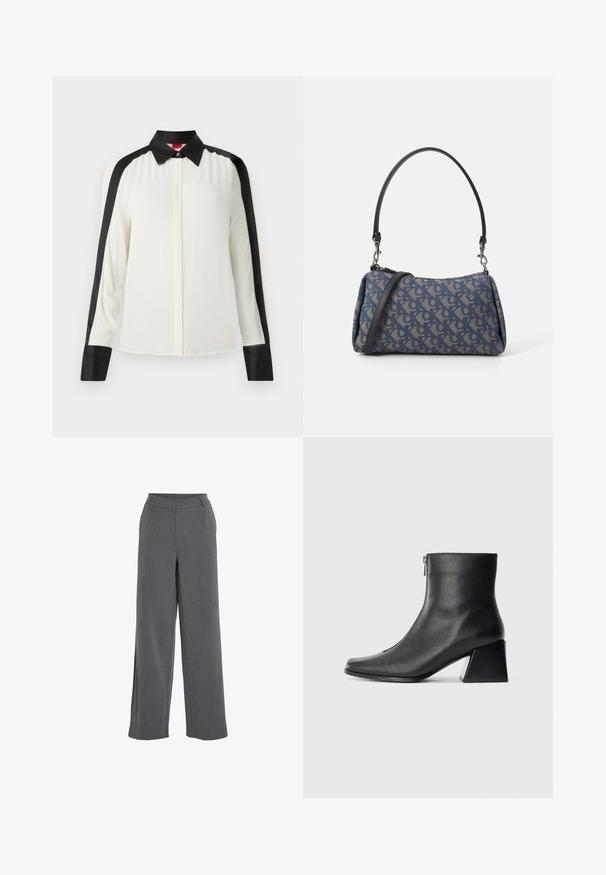 Blouse blanche avec des accents en satin noir le long des épaules et des poignets, dotée d'un col classique et de manches longues dans une texture de tissu lisse.; Pantalons gris à jambes larges en tissu texturé, avec une taille élastique, un devant plat et sans poches visibles.; Bottine en cuir noir avec un bout carré, fermeture éclair sur le côté et talon bloc sur fond clair uni.; Sac à main en tissu à motif bleu, présentant une forme courbée, une sangle en cuir noir et un design de logo dans une teinte plus claire.