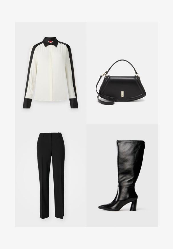 White blouse with black satin accents along shoulders and cuffs, featuring a classic collar and long sleeves in a smooth fabric texture.; Black tailored trousers with a straight-leg design, featuring a smooth texture and crisp creases along the front. No visible hardware.; Knee-high black leather boot with a pointed toe, smooth texture, and a chunky heel. Features a zipper detail at the back.; Black leather handbag with a structured design, featuring a cropped shape, top handle, and gold hardware accent. Adjustable shoulder strap included.