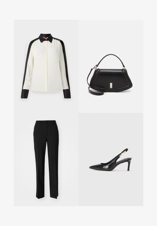 Biała bluzka z czarnymi satynowymi akcentami wzdłuż ramion i mankietów, z klasycznym kołnierzykiem i długimi rękawami, w gładkiej teksturze materiału.; Czarne spodnie o dopasowanym kroju z prostymi nogawkami, o gładkiej fakturze i wyraźnych zagięciach z przodu. Bez widocznych elementów metalowych.; Czarne skórzane buty na wysokim obcasie typu slingback z ostro zakończonym noskiem, gładką fakturą i wąskim paskiem wokół kostki z elementami w złotym kolorze.; Czarna skórzana torebka o strukturalnym designie, z przyciętą formą, górnym uchwytem i złotymi akcentami. W zestawie regulowany pasek na ramię.