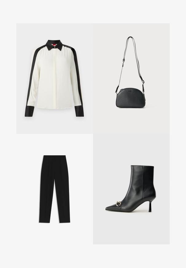 Blusa bianca con accenti in raso nero lungo le spalle e i polsini, caratterizzata da un colletto classico e maniche lunghe in una texture di tessuto liscia.; Pantaloni neri a taglio dritto, con doppie pieghe, una texture liscia e un design classico in vita. Nessun hardware o dettaglio visibile.; Stivale alla caviglia in pelle nera con punta affusolata, tacco sottile di media altezza e dettaglio in fibbia argentata sul lato, su sfondo semplice.; Borsa a tracolla in pelle nera di forma arrotondata, con due cinturini regolabili e un logo sottile sulla parte anteriore. Esterno testurizzato, design minimalista.