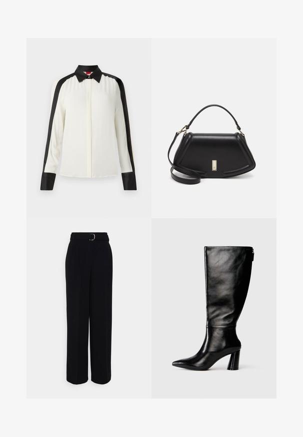 Blusa bianca con accenti in raso nero lungo le spalle e i polsini, caratterizzata da un colletto classico e maniche lunghe in una texture di tessuto liscia.; Pantaloni neri su misura con una silhouette a gamba larga, dotati di una cintura con fibbia argentata, pieghe e una superficie di tessuto liscia.; Stivale in pelle nera, alto fino al ginocchio, con punta affusolata, superficie liscia e tacco spesso. Presenta un dettaglio con zip sul retro.; Borsa a mano in pelle nera con un design strutturato, caratterizzata da una forma corta, manico superiore e accessori in metallo dorato. Inclusa tracolla regolabile.