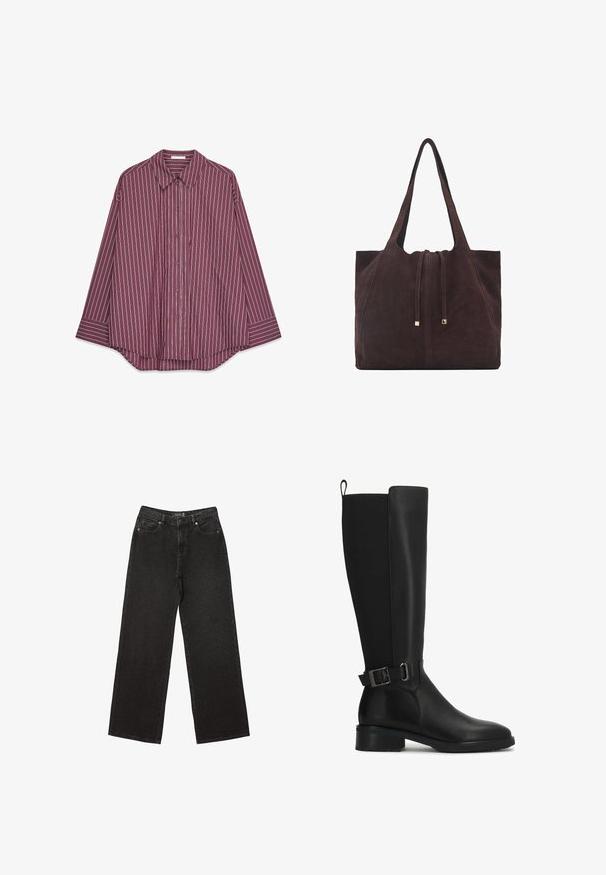 Dlhý rukáv, burgundská košeľa s gombíkmi s vertikálnymi bielymi a farebnými pruhmi, s klasickým golierom a zakriveným lemom.; Čierne široké džínsy vyrobené z denimu, s malými bodkovanými vzormi, klasickým dizajnom s piatimi vreckami a zapínaním na gombík a zips.; Čierne kožené čižmy po kolená s hladkým povrchom, okrúhlym špičkou a ozdobným pásikom so sponou v oblasti členka. Obsahujú nízky blokový podpätok.; Mango Veľká kabelka - dark brown