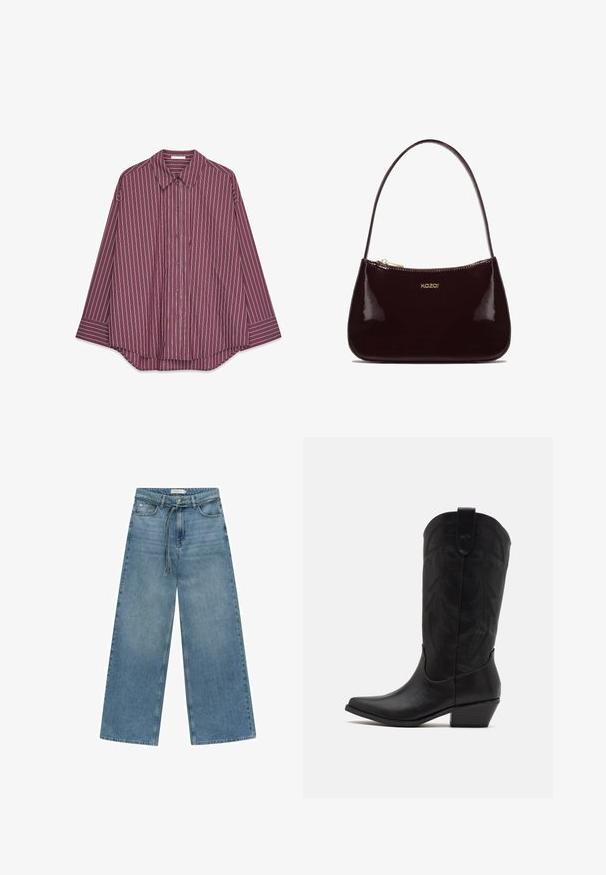 Długo rękawna, burgundowa koszula zapinana na guziki z pionowymi białymi i kolorowymi pasami, z klasycznym kołnierzykiem i zaokrąglonym dołem.; Szerokie niebieskie dżinsy z średnim praniem. Posiadają elastyczny ściągacz w talii, przednią kieszeń oraz gładkie wykończenie bez dodatkowych zdobień.; Czarne skórzane kowbojskie buty z wydłużonym noskiem, niskim, szczotkowanym obcasem oraz misternym tłoczonym wzorem liści na cholewie. Pętla u góry ułatwiająca zakładanie.; Burgundowy lakierowany skórzany torebka z gładką teksturą, zakrzywionym wzorem, pojedynczym paskiem na ramię i złotym logo "kazar" z przodu.