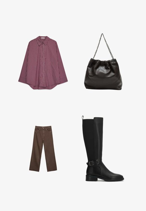 Dolga srajca burgundske barve z gumbi, z navpičnimi belimi in pisanimi črtami, ki ima klasičen ovratnik in ukrivljen rob.; Široke rjave kavbojke iz denima, ki imajo visok pas, sprednje žepe in klasično zapiranje na gumb. Gladka tekstura s subtilnim šivom.; Črne usnjene škornje do kolen z gladko površino, okroglo konico in dekorativnim sponko na gležnju. Imajo nizek blok peto.; Rjava usnjena torba z nabranim vrhom in verižnim trakom. Gladka tekstura z sijajno površino in subtilnimi šivi na straneh.