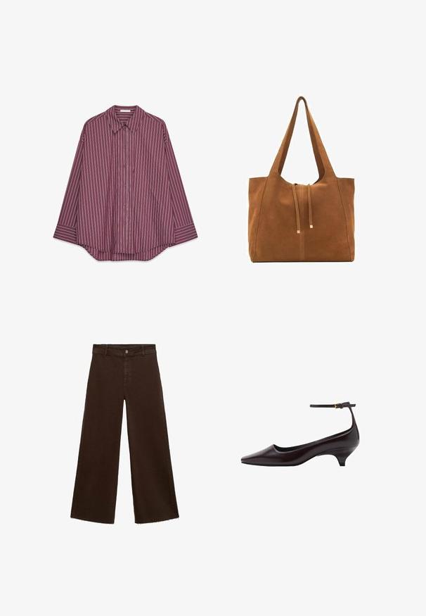 Langärmliges, kastanienrotes Hemd mit Knöpfen, das vertikale weiße und bunte Streifen aufweist, mit einem klassischen Kragen und einem abgerundeten Saum.; Braune, weit geschnittene Hosen aus Baumwollmischung mit fransigem Saum, vorderem Knopfverschluss und klassischem Fünf-Taschen-Design. Minimalistisch und vielseitig.; Dunkelbraunes, spitz zulaufendes Lederschuh mit Kitten-Heel, dünnem Knöchelriemen und kleiner goldener Schnalle.; Braune Wildleder-Tasche mit zwei langen Trägern, Zugverschluss und minimalistischem Design. Glatte Textur und keine sichtbaren Hardware-Details.
