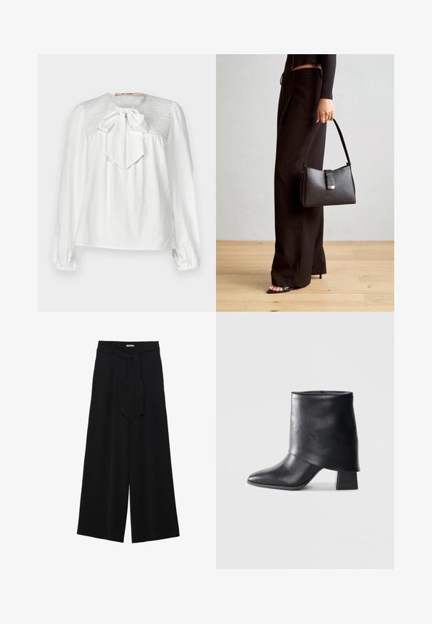 Balta blūze ar apaļu apkakli, loku pie apkakles un šļūtenes detaļām uz jostas. Garas, savilkta piedurknes ar elastīgiem roku galiem.; Melni platleņķa bikses ar teksturētu audumu, elastīgu jostu un noņemamu siksnu viduklī, kas nodrošina regulējamu piegulšanu.; Melnas ādas potītes zābaki ar norādītu purngalu, gludu tekstūru un strukturētu blokveida papēdi. Iezīmē augstu, salocītu apkakles dizainu.; Melnā somiņa ar strukturētu formu, gludu tekstūru un metālu sprādzi. Saskaņota ar platām melnām biksēm un sandālēm ar atvērtu purngalu uz koka grīdas.