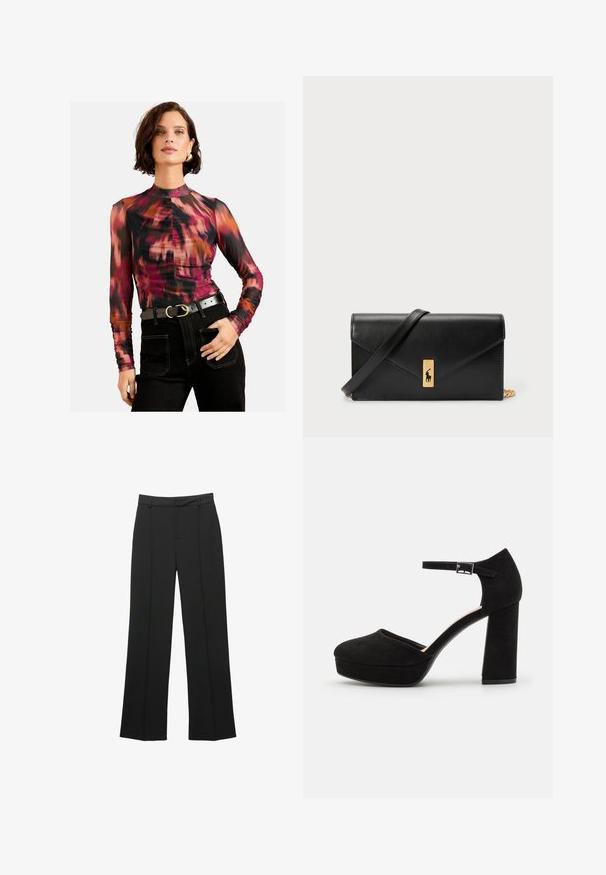 Hosszú ujjú felső, amely színes mintával rendelkezik, pink, fekete és narancssárga árnyalatokban, magas nyakkivágással és slim fit szabással, sötét farmerrel párosítva.; Fekete egyenes szabású nadrág, sima anyagból készült, sík elejű, övbújtatókkal, látható zsebek nélkül, szabott fazonban.; Fekete velúr platform sarkú cipők vastag, blokksarkúval, lekerekített orral és fémcsattal rögzített bokapánttal. Simább textúrájú egész terjedelemben.; Fekete bőr pénztárca hajtható fedéllel, aranyszínű kiegészítőkkel, logóval díszítve. Levehető pánttal a könnyű hordozás érdekében.